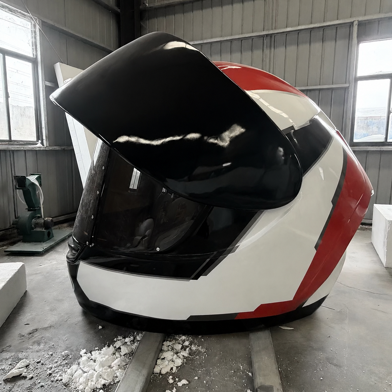 Hvordan er en gigantisk harpiks-motorcykelhjelm-skulptur lavet - og hvem laver dem i skala?